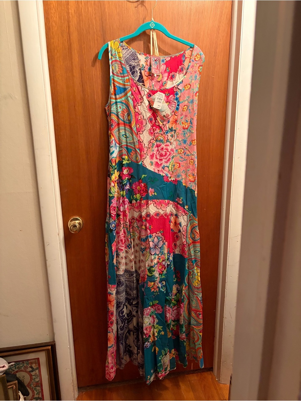 NWT Large Johnny Was Neiman Marcus Floral Patchwork Maxi Dress in Teal and Pink